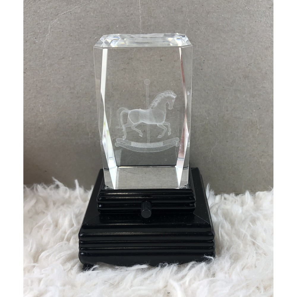 3D Laser Etched Carousel Horse Glass Cube Lighted‎ Base Paperweight Home Decor